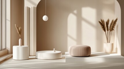 Minimalist beige room interior with sunlit architectural details, pampas grass, and round ottoman.