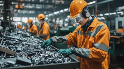 Workers at an e-waste recycling plant sorting electronic materials, wearing safety gear.