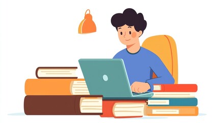 A content writer sitting at a desk, typing on a laptop, surrounded by books and notes on a clean white background.