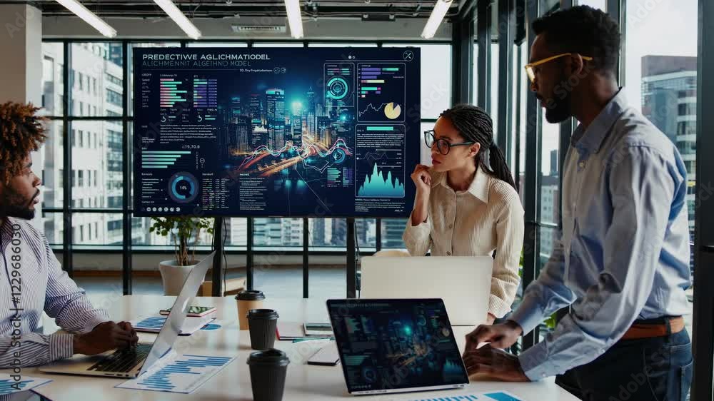 Poster business meeting featuring hologram and futuristic visual elements in a modern office setting