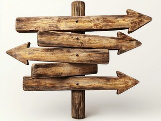 Wooden signpost with arrows pointing in multiple directions on white background