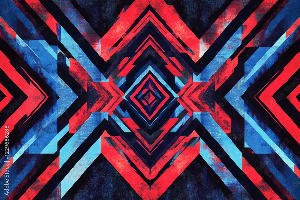 Poster a colorful abstract design with red, blue, and black shapes. the design is made up of squares and tr