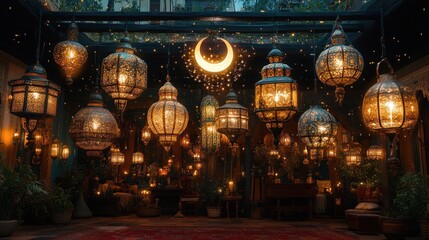 Obraz premium Illuminated Moroccan lanterns hang in a dark room, creating a magical ambiance with a crescent moon.