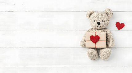 Obraz premium Teddy bear offering a gift with a heart, isolate don background with copy space for text. Happy Valentine's Day