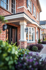 Elegant Brick House Exterior with Landscaped Garden. Modern Architecture and Classic Design. Luxurious Residential Property. Real Estate Photography
