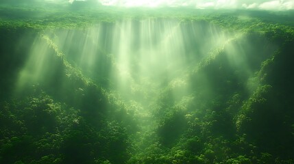 Sunbeams Illuminate Lush Green Valley Forest Canopy
