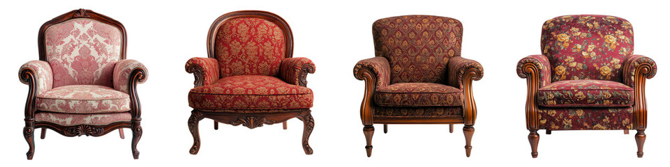 Elegant antique armchairs with ornate floral upholstery and carved wooden frames in a classic vintage style living room interior design  Cozy and comfortable seating in a luxurious