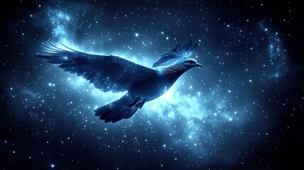 Celestial dove in flight, cosmic nebula background, blue hues, glowing feathers, stars.
