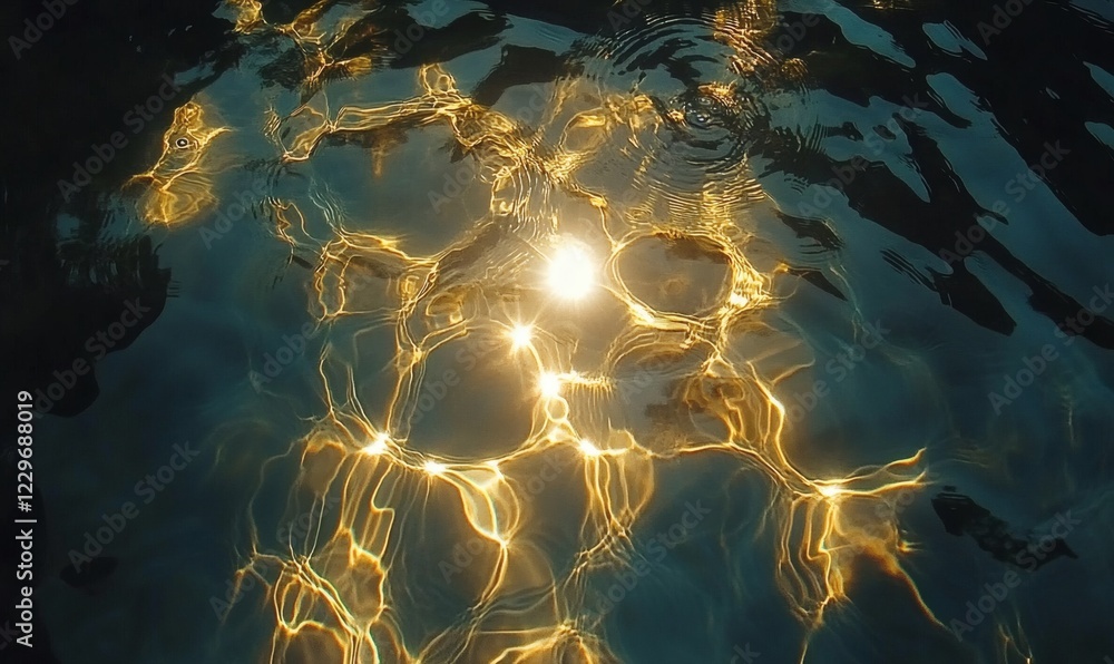 Poster golden sunlight reflecting on dark water surface creating abstract patterns and ripples.