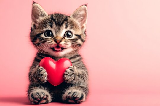 Ad visual idea. Pixiebob - my treasured cat. Cute pixiebob baby cat with companion animal toy red heart - sign of love, funny greeting card. Romantic pet love photo. Love concept photo.
