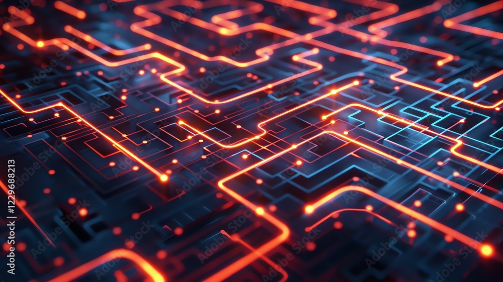 Poster 3d rendering of an abstract circuit board with glowing orange and blue lines. the background is dark