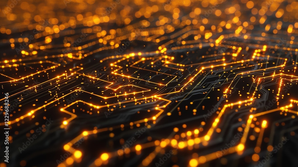 Poster glowing orange circuit board with glowing orange dots. abstract technology background. 3d rendering.