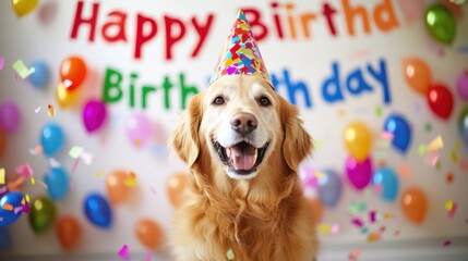 Joyful Dog Sitting Proudly in Front of Happy Birthday Banner: Capturing the Festive Atmosphere, Ideal for Pet-Themed Birthday Cards and Celebration Banners