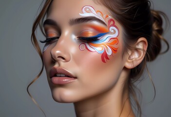 Naklejka premium Colorful face art showcasing vibrant designs and bold makeup application in a studio setting