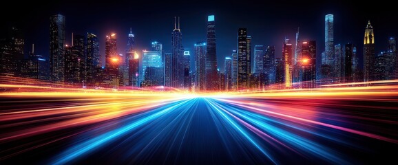 Fototapeta premium Night cityscape with vibrant light trails on a highway.