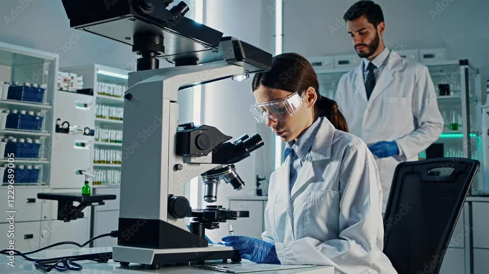 Poster exploring the future of science in a modern lab setting with advanced holograms and vfx technology