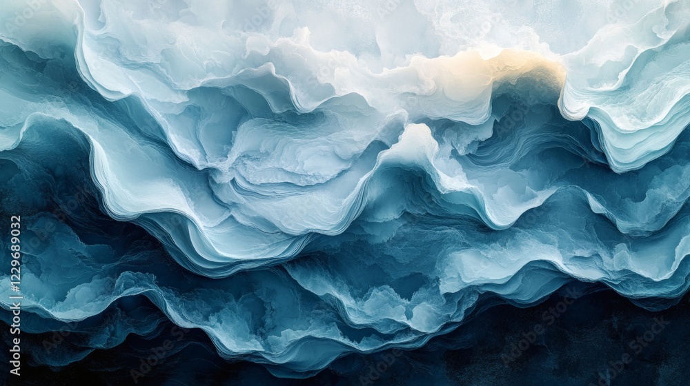 Poster flowing abstract waves pastel blue and dark green with a grainy texture and noise effect ideal for a