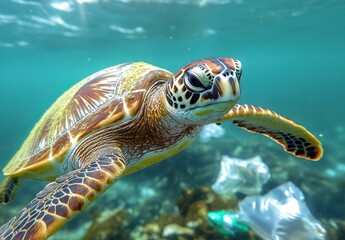 Underwater Scene Featuring a Majestic Sea Turtle Swimming Among Ocean Plastic Pollution, Highlighting Marine Life Conservation Challenges