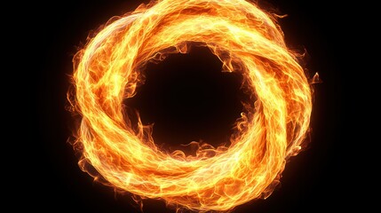 Fiery circular swirl, abstract fire ring on black background.
