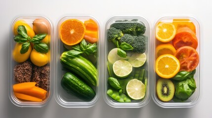 Variety of colorful fruits and vegetables displayed in various containers on a wooden surface
