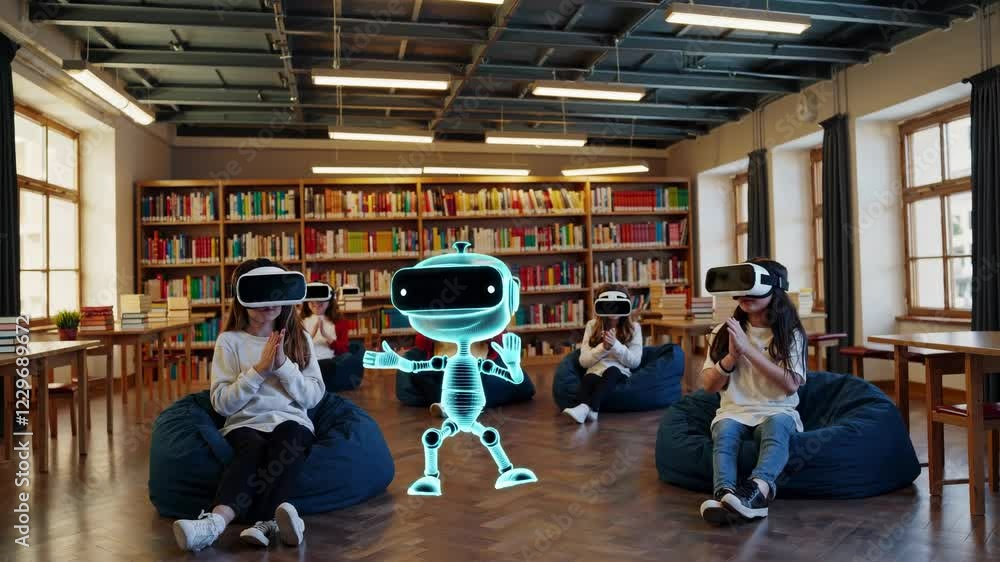 Fototapete exploring educational experiences with virtual reality and holographic technology in a modern librar