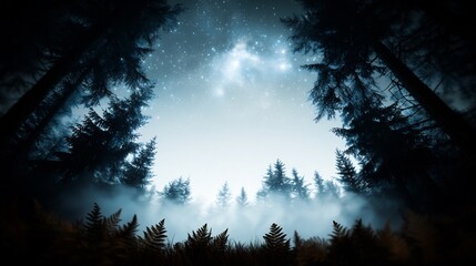 Fototapeta premium Serene forest landscape at night with mist and stars, creating a tranquil atmosphere