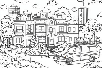 Naklejka premium Charming Cityscape Coloring Page