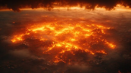 Aerial view of a large fiery landscape at night, resembling a burning city or volcanic eruption.