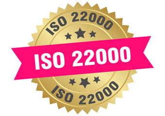 iso 22000. iso 22000 round pink and gold label isolated on transparent background