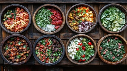 Fototapeta premium Overhead view of eight diverse bowls of food on a rustic wooden surface.