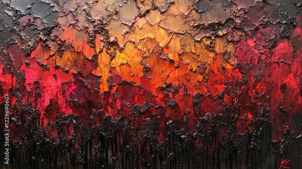 Poster a close-up of a rusty, weathered metal surface with flaking paint and visible corrosion, showing the