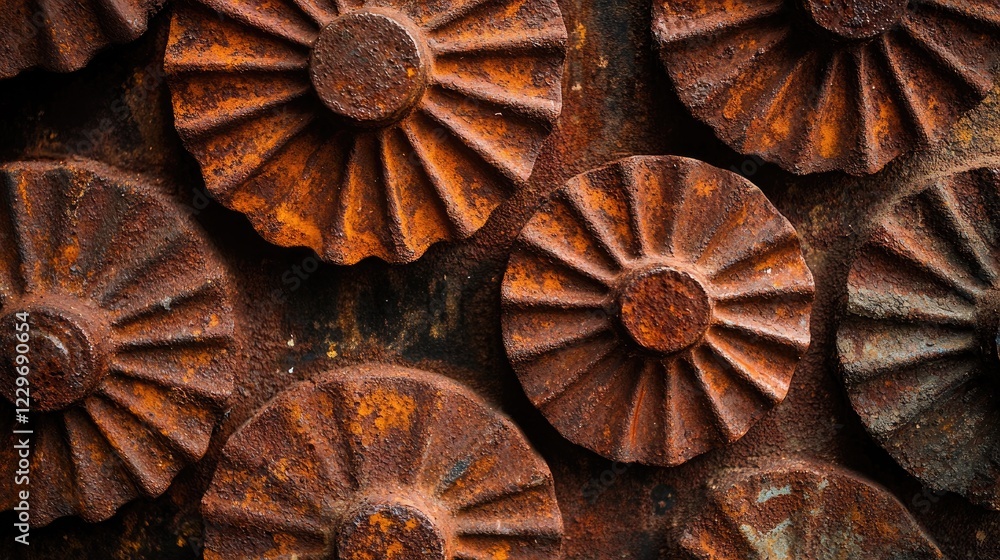 Poster a close-up of brown rust forming intricate patterns on metal, ideal for creating a vintage, industri