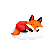 Obraz premium Cute little fox sleeping on cloud children flat illustration, isolated on a white background