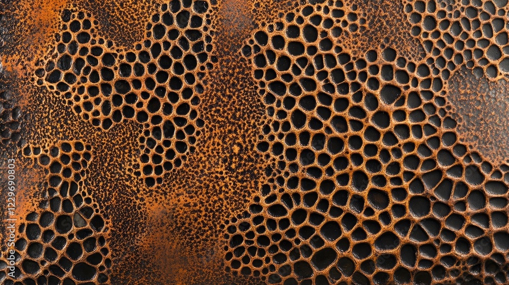 Poster a close-up of brown rust forming intricate patterns on metal, ideal for creating a vintage, industri