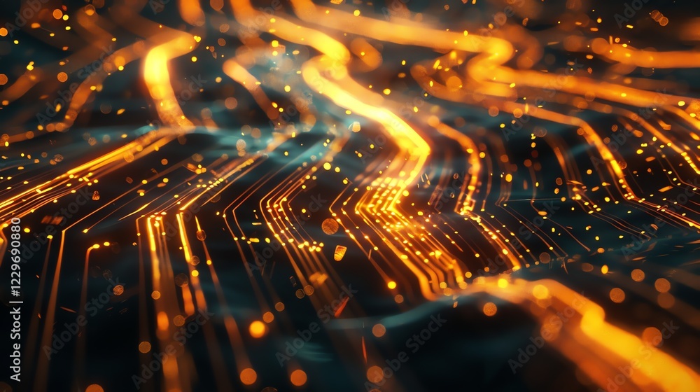 Poster glowing orange computer circuit board with flowing energy. abstract technology background.