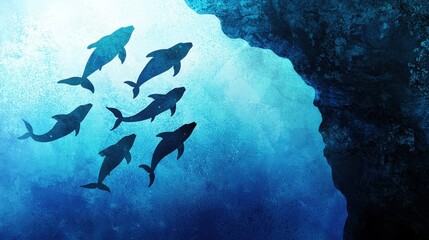 Fototapeta premium Underwater Scene with Swimming Fish and Rocks