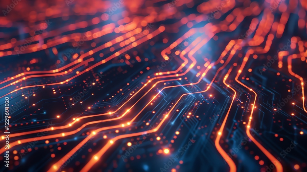 Poster 3d rendering. futuristic orange circuit board with glowing elements. high-tech digital technology ba