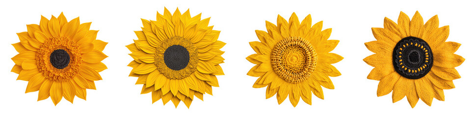 Fototapeta premium Four beautiful and lush sunflowers with vibrant yellow petals and green leaves blooming in a countryside field under the bright summer sunlight The sunflowers are arranged in a row