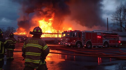 Naklejka premium Industrial firefighter training with a live fire simulator, smoke effects, controlled environment, professional training gear.