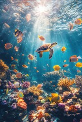 Underwater Scene with Sea Turtle Swimming Among Colorful Tropical Fish and Vibrant Coral Reefs in Sunlit Ocean Waters