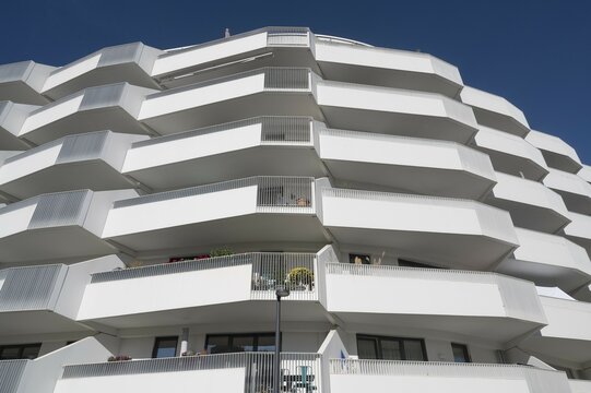 Concrete balconies, modern architecture in Berg am Laim, Munich, Upper Bavaria, Bavaria, Germany, Europe
