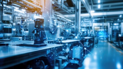 Naklejka premium A cyber-tech factory background with glowing neural networks, smart production systems, and AI-driven analytics.