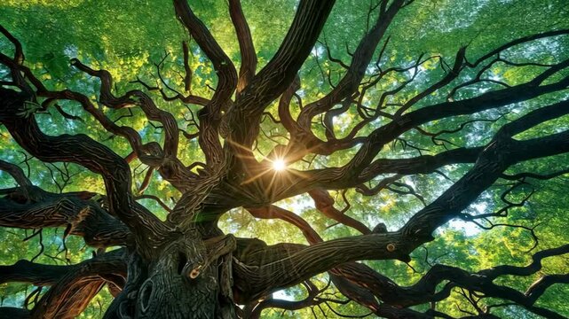 sunlit tree shade of big tall oak tree, looking up under tree with sunlight	
