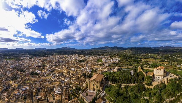 Aerial view, parish church Transfiguracio del Senyor and monastery Santuari de Sant Salvador at Calvary, Arta, Majorca, Balearic Islands, Spain, Europe