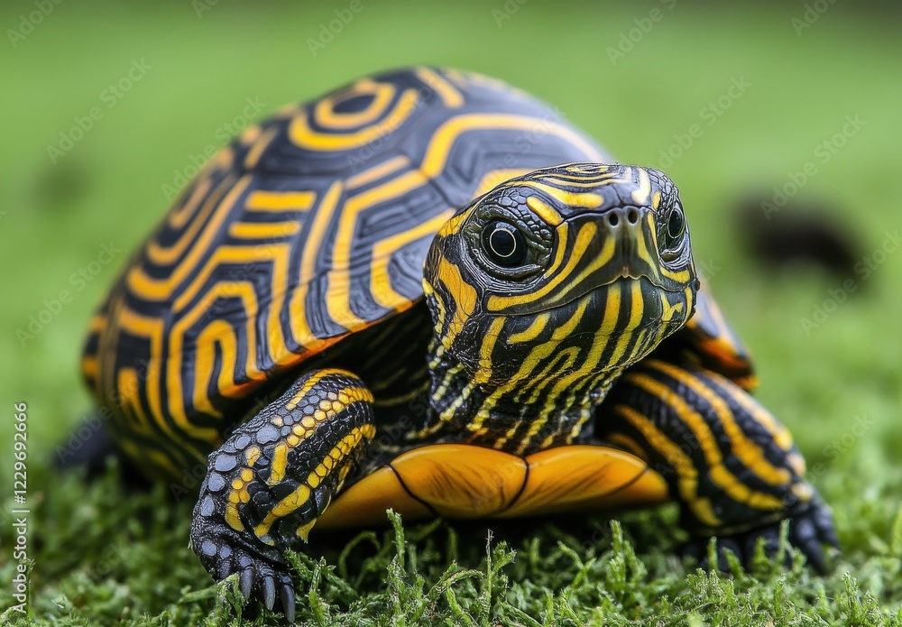Poster vibrant and colorful turtle with distinctive shell patterns crawling across lush green grass in natu