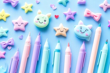A cute and colorful collection of kawaii stationery items
