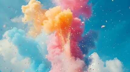 Fototapeta premium Colorful smoke explosion creates a vibrant display against a clear sky during an outdoor event