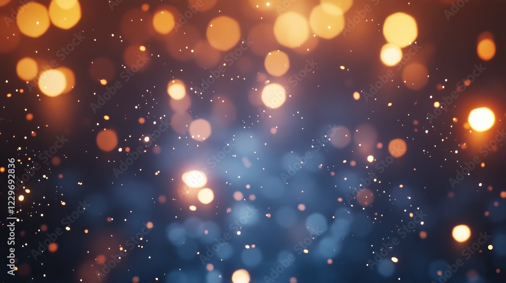 Poster a dreamy bokeh effect background with soft, glowing golden lights floating against a deep blue gradi