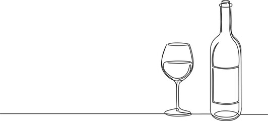 continuous single line drawing of glass of wine and wine bottle, line art vector illustration