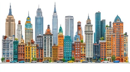 Colorful cityscape skyline panorama with various architecture styles.